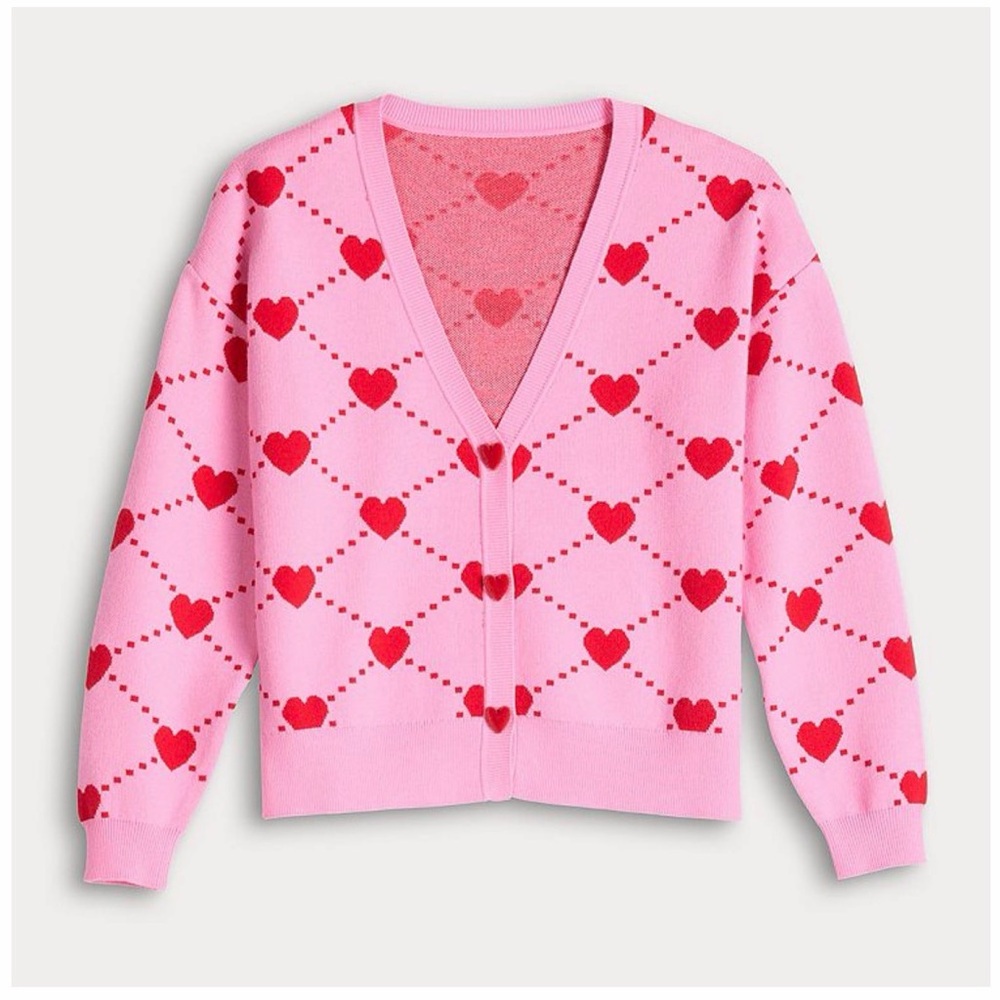 Pink Heart Patterned Women's Sweater Size S